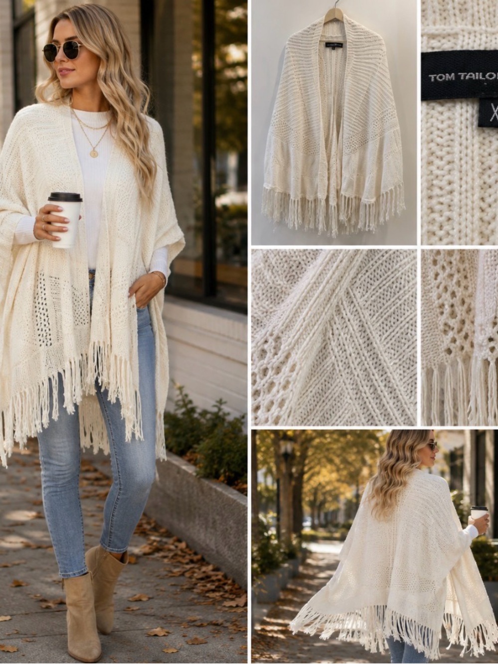 Tom Tailor Denim XL Cream Knit Fringe Poncho Sweater